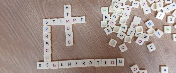 Die Worte Sprache, Stime, Atmung, Regeneration sind aus Buchstaben-Bausteinen gelegt